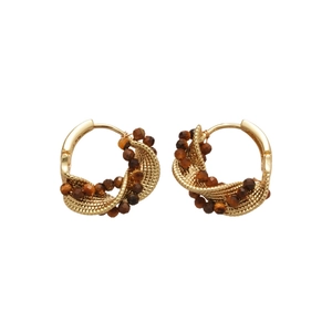 Tiger eye stone twisted triangle earrings in gold finish with vintage bohemian style