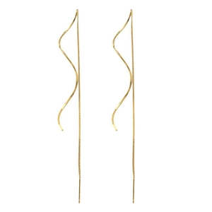 Minimalist long wavy ear threaders in gold finish with elegant spiral tassel design