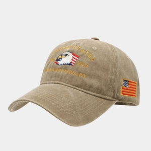 Detailed embroidery of American eagle and flag on khaki 250th anniversary baseball cap