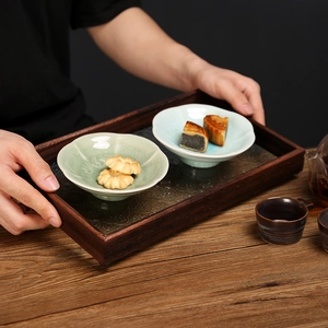 Chinese celadon tea snack tray with vintage embossed glass and wooden high foot base