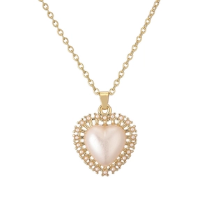 Elegant gold plated heart pendant necklace with center pearl and hollow metal details