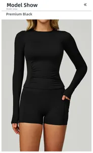 Details zum schwarzen langärmeligen Yoga-Top und Sporthose mit hoher Taille und Taschen