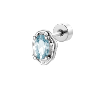 Minimalist silver screw back stud earring with light blue oval cubic zirconia stone