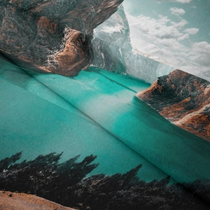 Nahaufnahme der böhmischen Landschaft Wandteppich mit Webstruktur und Bergsee-Druckdesign