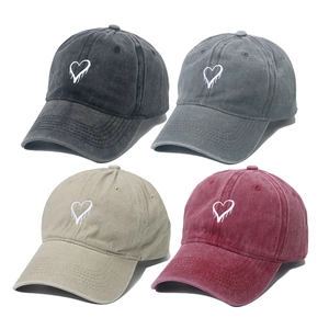 Vintage Washed Cotton Baseball Cap Distressed Canvas Sunshade Hat Retro Dripping Heart Embroidery Adjustable Outdoor