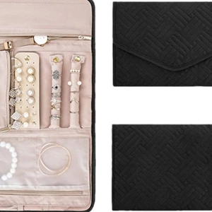 Portable folding jewelry organizer bag in black quilted fabric with multiple compartments