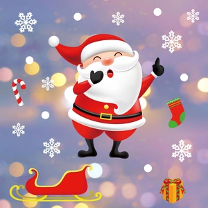 Detail of Christmas window stickers featuring Santa Claus and colorful festive ornaments