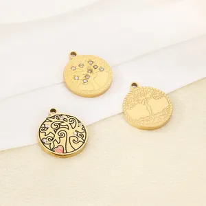 Tree Of Life Charms Stainless Steel Gold Plated Round Pendants With Zircon And Heart Accents For DIY Jewelry Making Crafts
