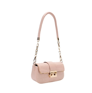 Pink crocodile pattern shoulder bag with gold chain strap and lock on white background