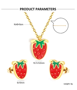 Detailed technical diagram showing dimensions of red cherry necklace and earrings set