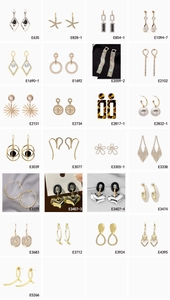 Close-up display of sparkling earrings with rhinestones, pearls and tassel designs