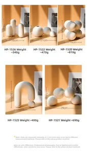 Detailed size and weight chart for minimalist white matte ceramic vases in various shapes