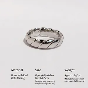Adjustable copper gold-plated ring with wave texture and silver finish for men and women