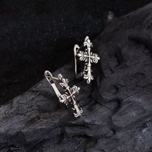 Vintage gothic cross hoop earrings in antique silver finish for women with metal design