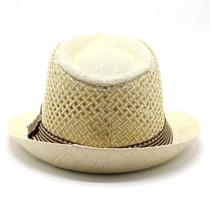 Classic straw fedora beach hat with striped ribbon for summer sun protection