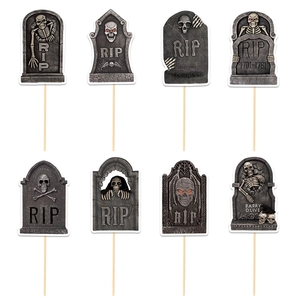 Set of 8 Halloween tombstone cake toppers with RIP engraving and stone texture design