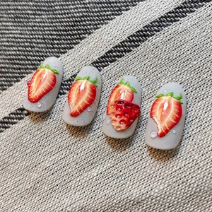 3D embossed strawberry nail art stickers with textured grey base and 3D water droplets
