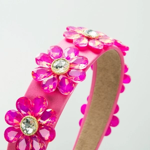 Modischer rosa Satin Haarreif breit mit funkelnden Kristallblumen Verzierungen für Damen