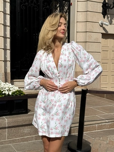 Floral Mini Dress V Neck Lantern Long Sleeve Button Front Cinched High Waist French Retro Sweet Style Women