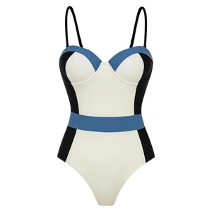 Women's one-piece swimsuit with tri-color geometric block pattern and underwire support