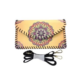 Ethnic style crossbody phone bag with colorful mandala print and handmade whipstitch