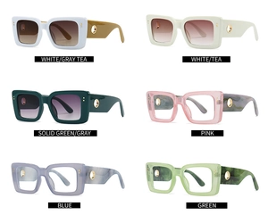Close-up of six trendy thick-frame sunglasses with iconic circular metal temple cutouts