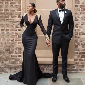 Women Black Mermaid Evening Gown With Gold Embroidery Deep V-Neck Long Sleeve Satin Formal Party Dress Backless Train Gown