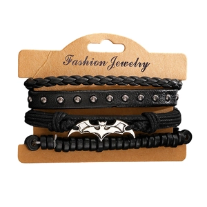 Set de 4 pulseras punk para hombre de cuero negro con cuentas de madera y colgante de murciélago