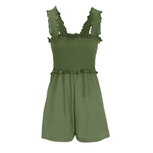Close-up of green romper with ruffled shoulder straps and smocked chest details