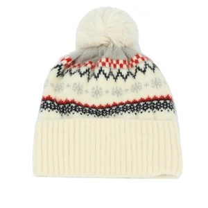 Close-up of winter knit hat featuring nordic snowflake patterns and a soft fur pompom