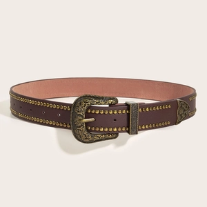 Cintura vintage in pelle marrone scuro con fibbia western in ottone e borchie metalliche
