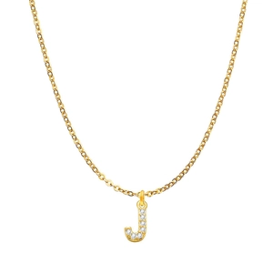 Close-up of golden necklace with letter J pendant featuring sparkling zircon stones