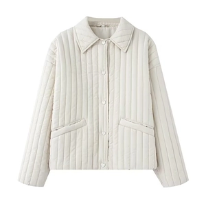 Cream quilted jacket with heart buttons and lapel collar for women in casual spring style