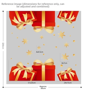 Detailed view of red Christmas gift box stickers with gold snowflakes and size dimensions