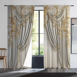 Detail of grey curtains with golden baroque patterns and elegant tassel trim accents