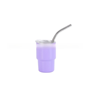 Detail view of a lavender 3oz stainless steel mini tumbler with clear lid and metal straw
