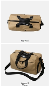 Vista detallada superior y lateral de la bolsa de gimnasia caqui con correas y cremalleras