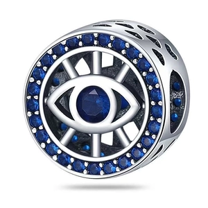 Silver Evil Eye charm bead featuring vibrant deep blue zircon stones for jewelry making