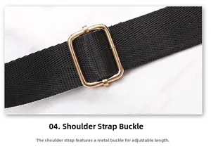 Close-up of adjustable golden metal buckle and black nylon strap on a casual backpack