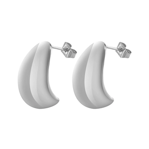 Polished silver stainless steel C-shaped horn earrings with elegant teardrop design
