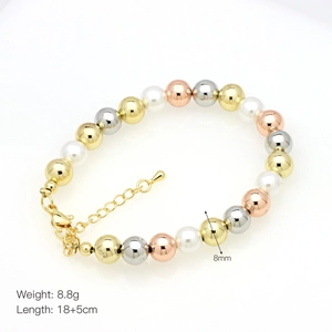 Detail view of 8mm tricolor beads and pearl bracelet with 18+5cm length and 8.8g weight