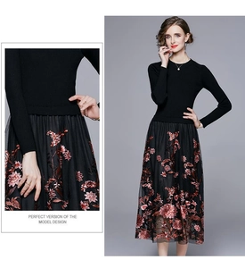Detail of waist texture and full view of vintage embroidered black patchwork dress