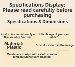 Detailed specification chart for DIY assembly dinosaur toy showing plastic material and age