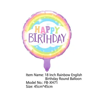 Detailed view of an 18-inch rainbow happy birthday foil balloon with cloud and star motifs