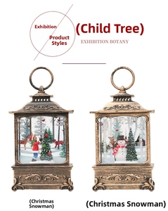 Detail of vintage gold Christmas lanterns with snowman and Santa scenes