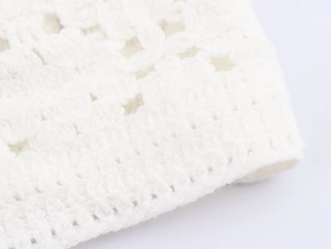 Detailed macro view of white crochet knit fabric texture and intricate pattern