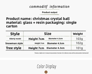 Detailed size specifications table for Christmas resin crystal ball glass ornaments