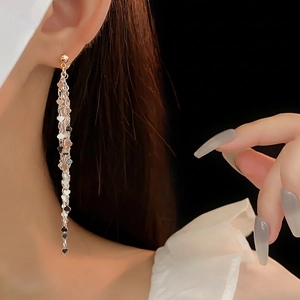 Eleganti orecchini lunghi a cuore con nappe di paillettes d'argento su una modella