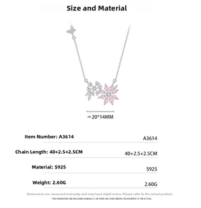 Detailed specs of S925 silver flower necklace with 40+5cm chain and butterfly pendant