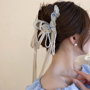 Fermaglio Per Capelli Con Farfalla Ricamata Lunghi Nastri Di Raso E Nappe Di Künstliche Perle Sintetiche Stile Dolce Fata Per Capelli Donna
